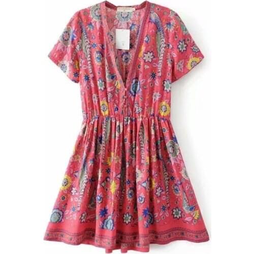 Vintage chic Women floral peacock print Bohemian beach dress short sleeve V-neck Boho rayon mini dresses vestidos