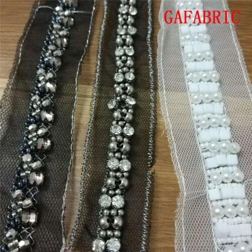1yards DIY Sewing Beads Lace 3cm to 4cm width Beaded rhinestone lace trimming for sash, headband, top quality wedding decors