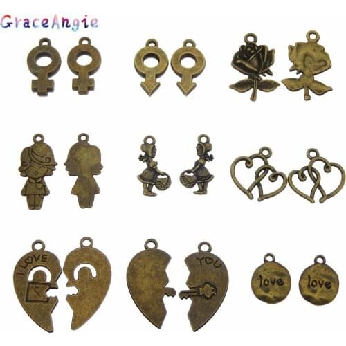 9pcs/pack Mix Love Heart Pendant Charms for Valentines Day Jewelry Gift DIY Couple Jewelry Love Key Flower Jewelry Vintage Gift