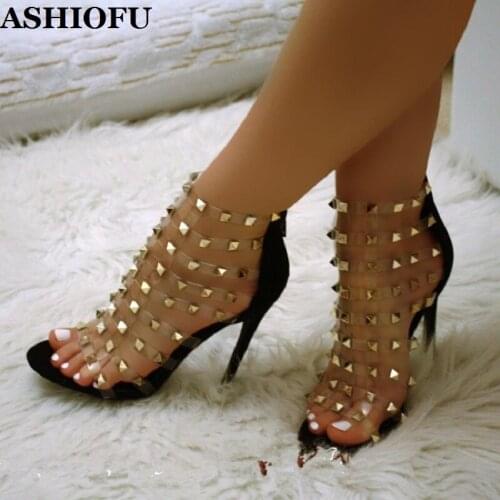 ASHIOFU New Arrival Ladies High Heel Sandals PVC-leather Gold Rivets Spikes Party Shoes Night-club Dance Evening Fashion Sandals
