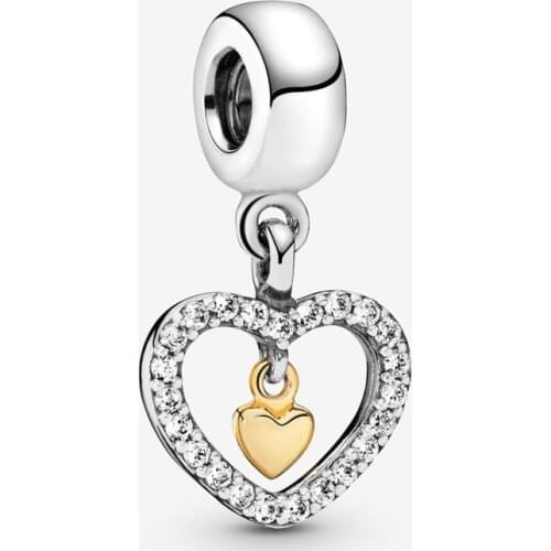 Free Shipping Authentic 925 Sterling Silver Sparkling Double Heart Dangle Charm Fit Original Pandora Bracelet For Women Jewelry