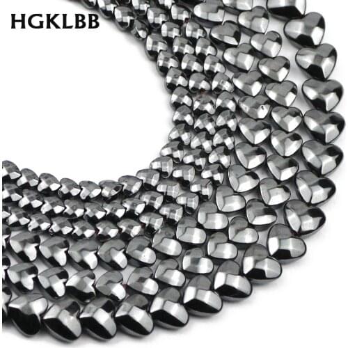 HGKLBB Natural Black Hematite Stone Beads 4/6/8mm Faceted Love Heart Shape Loose spacers Beads For Jewelry Making DIY Bracelets