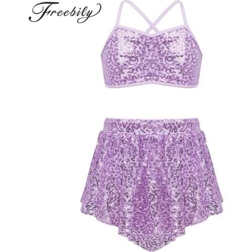 Kids Girls Glittery Sequins Ballet Tutu Dance Wear Girl Straps Crop Top with Ballerina Skirt Contemporary Lyrical Dance Costumes
