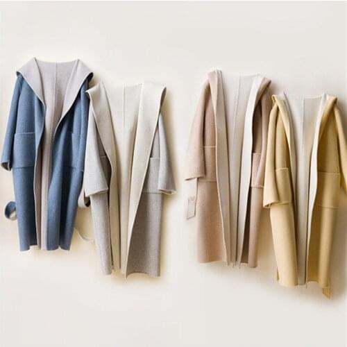 Double face color women pure woolen coat water ripple grains wool hooded overcoat adjustable waist wide loose M-XL