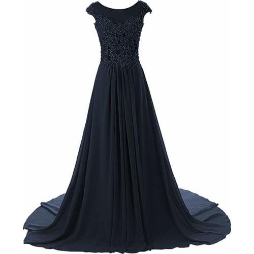 Elegant Women Cap Sleeve Prom Dresses 2020 Cheap Beading Lace Appliques Chiffon Sheer Neckline Evening Party Gowns