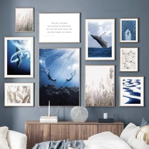 Nordic Canvas Painting White Stone Reed Blue Sea Whale Diver Wall Art Posters and Prints Wall Pictures Living Room Home Decor