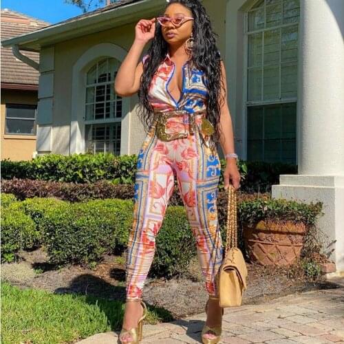 2 Piece Pant Set Women Slim Pants And Sleeveless Turn-down Collar Top 2021 Fashion Print Irregular Office Lady Suit Outfits