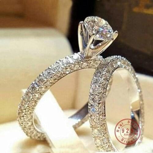 Silver Color Ring Sets With Full White High Quality CZ Crystal For Women/Girls Engagement Jewelry With 2 PCS Wholesale