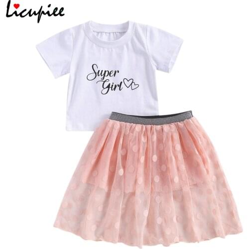 Girls Casual Two-piece Clothes Set, White Letters Printed Pattern Short Sleeve Tops + Red/ Black Skirt