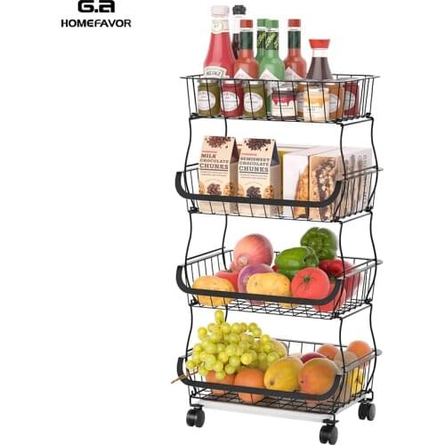 Storage Basket Stackable Fruit Vegetable Holder Metal Rack Wire Organizer 4 Tire Kitchen Container Bins With Casters