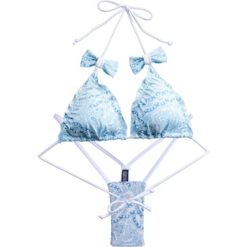 Summer Women Bow Triangle Bikini Set Secret Swimsuit Biquini Thong Bottom brazilian Bathing Suit Cheeky Swimwear Blue Print