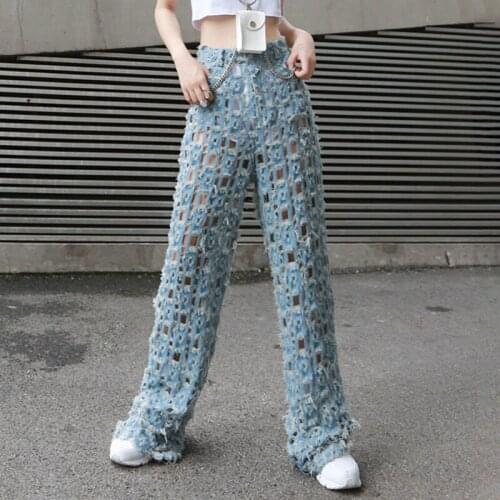 Personality Hollow-out Design Women Wide Leg Jeans Retro Water Washed Ripped Denim Pants