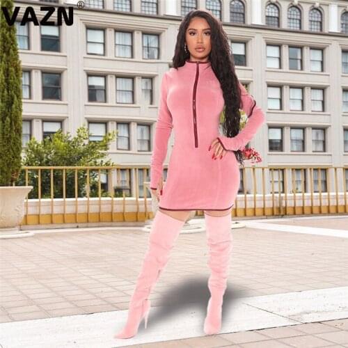 VAZN New 2020 O-neck Vintage Shinny Bandage Dress Full Sleeve Sheath Dresses Pink Solid Mini Dress