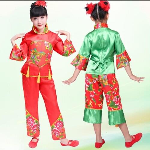 New Year Red Hanfu childrens Girls Traditional Suit National Younger Style Clothing Fan Yangko Stage Dancing Clothes Costumes