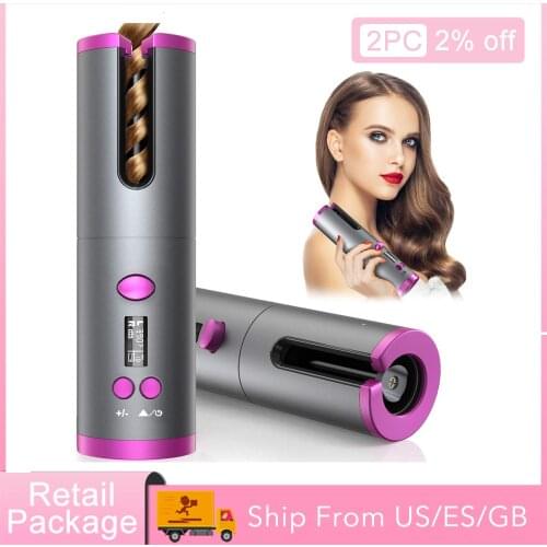 Cordless Automatic Hair Curler USB Rechargeable Curling Iron Curls Waves LCD Display Ceramic Curly Rotating Curling Wave Hair