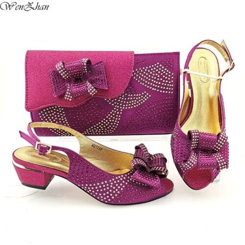 Magenta Soft Shoes With Matching Bag Lower Heels Set Decorated With Appliques African Shoes and Bags Match 38-43 WENZHAN B13-5