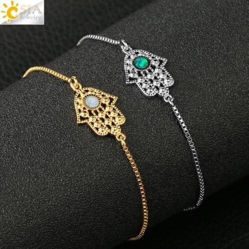 CSJA Hamsa Hand Fatima Lucky Bracelets Hollow Adjustable Link Bracelet Bijoux Mini Opal Paved Women Trendy Jewelry Pulseras F499