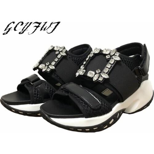 Women Sandals Summer Crystal Open Toe Velcro Flat Platform Girl Shoes Square Buckle Thick Bottom Sexy Sandy Beach Zapatos Mujer