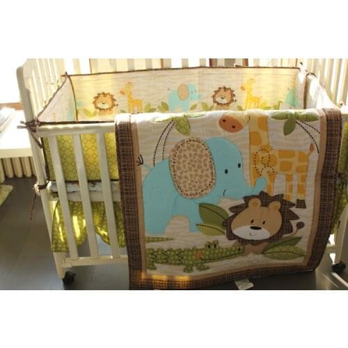 Discount! 7pcs Embroidery Lion Crib Bedding Baby Bedding Set Nursery Crib Bumper,include(bumpers+duvet+bed cover+bed skirt)