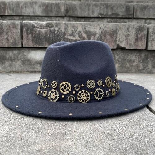 Steampunk Wool Women Mens Punk Fedora Hat Acrylic Gems Wide Brim Jazz Church Cap Vintage Panama Sun Top Hat