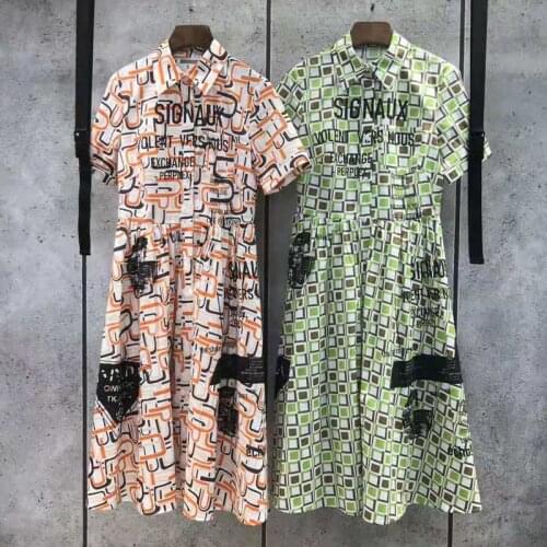 Cotton Runway Fashion 100% Dress 2021 Spring Summer Elegant Plaid Letters Print Green Red Midi Party Holiday Dresses