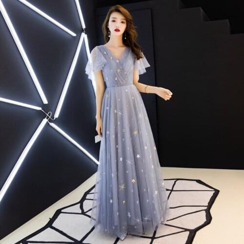 Evening Dresses 2019 New Long Style Fashion Party Dresses Sexy V-neck Short Sleeve A-line Prom Formal Dresses Haute Couture