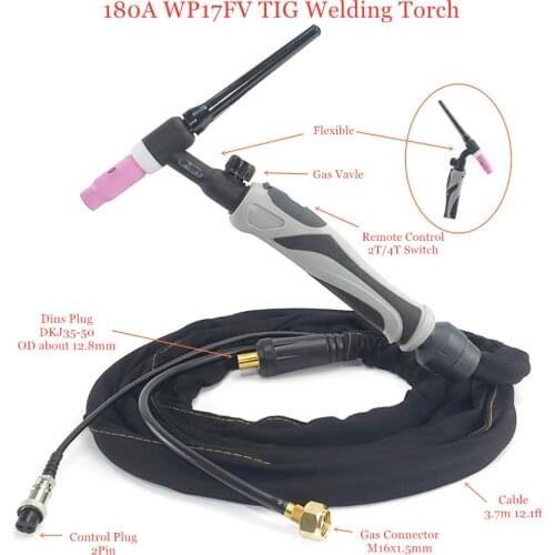 WP17-FV TIG Torch GTAW Tungsten Arc WP17 Argon 3.7m 12.1ft Air Cooled WP-17 Flexible Head Gas Valve TIG Welding Torch