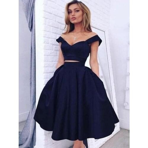 Two Pieces Short Satin V-Neck Homecoming Dresses with Pockets Lace Up Back Knee Length Abendkleid Robes de Soirée for Women