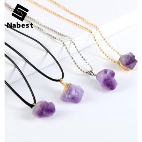 Women Natural Stone Amethysts Pendant Necklace Irregular Purple Crystal Charm Adjustabal Waxed Rope Yoga Pendulum Reiki Jewelry