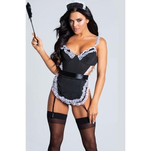 Women Sexy Erotic Underwear Nightwear Maid Outfit Deep V-Neck Backless Bandage Lace-up High Waist Sleepwear