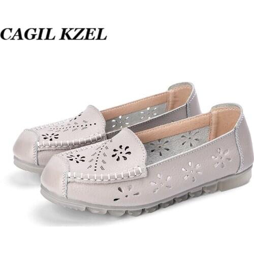 CAGILKZEL 2019 New Women Ballet Shoes Flats Cut Out Leather Breathbale Moccains Casual Woman Boat Shoes Ladies Ballerina