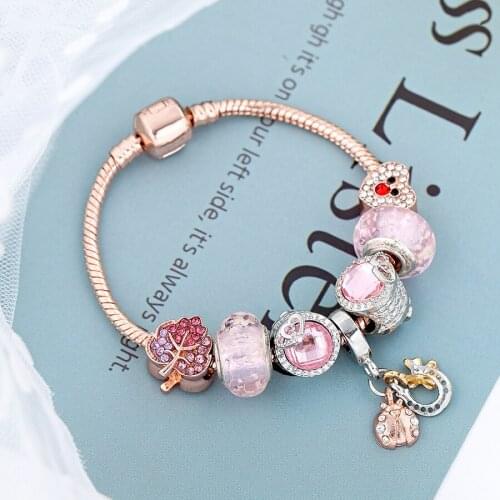 Seialoy Rose Gold Pink Crystal Leaves Charm Bracelets For Women Men Original Ladybug Lucky Horseshoe Beads Bracelet Bangle Gift