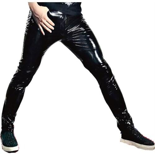 Black Red Stretch Skinny Men Motorcycle Leather Trousers Fashion Rock Hip Hop Singer PU Pencil Pants Stage Clothes Spring Autumn