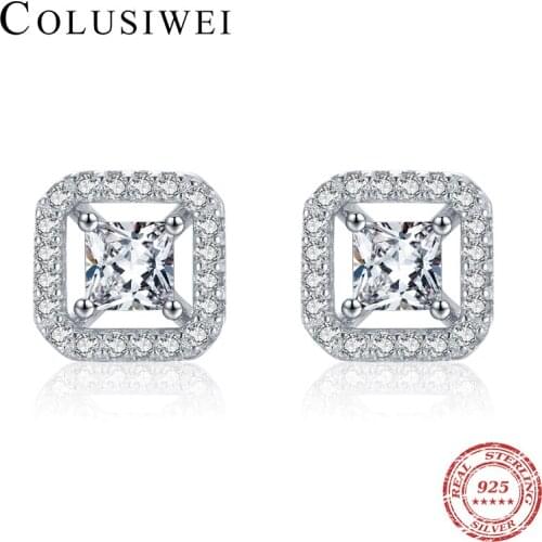 Colusiwei Genuine 925 Sterling Silver Geometric Cut Crystal Stud Earring for Women Clear CZ Square Earring Bride Wedding Jewelry