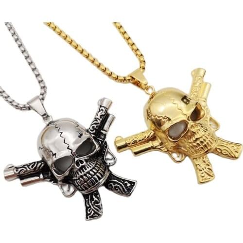 Hip hop rock punk double gun cross skull pendant necklace Stainless steel cross gun skull necklace Gothetic jewelry fashion
