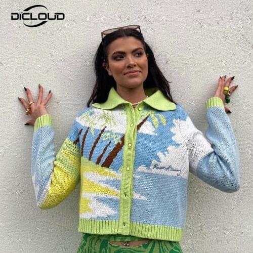 Harajuku Girls Cute Sweet Cartoon Cardigan Women 2021 Autumn Fashion Sunset Sweaters Knitted Jacket Coat Winter Funny Cardigans