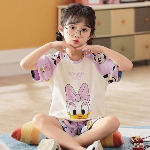 Childrens Family Matching Outfits Girls Summer Short-sleeved Cartoon Donald Duck Minnie Family Look Fashion Good Night Sets