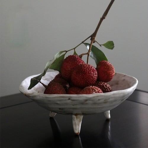 Round Ceramics Tall Feet Fruit Dish Snacks Dessert Plate Seasoning Dish Refreshment Tray Three-legged Dinner Plate Tableware