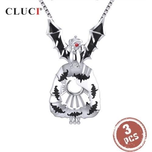 CLUCI 3pcs 925 Sterling Silver Halloween Bat Shaped Pendant For Women Necklace Scary Flying Bat Zircon Wish Pearl Locket SC318SB