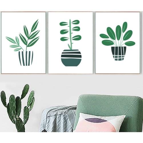 Cute Green Leaf Potted Plant Minimalism Wall Art Canvas Painting Nordic Posters And Prints Wall Pictures For Living Room Decor