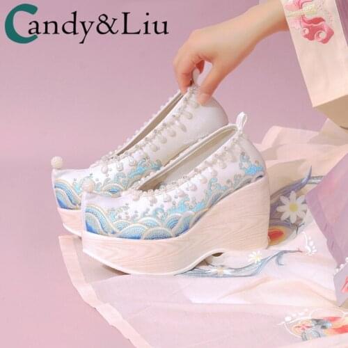 Shoes high-heeled ancient style inside the height of the slope heel embroidered shoes elements pearl antique shoes