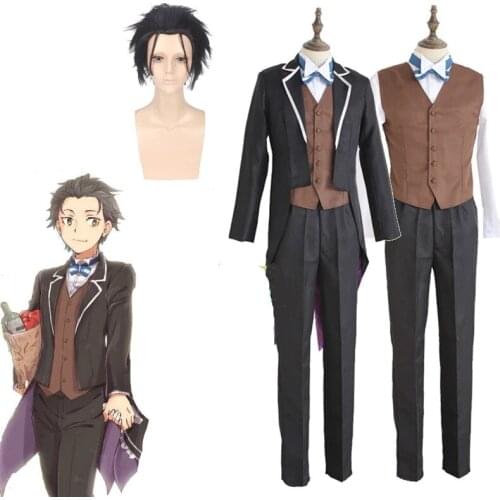 Re Zero kara Hajimeru Isekai Seikatsu Cosplay Costume Subaru Natsuki Swallowtail Full Set Synthetic Wigs Men Boys School Uniform