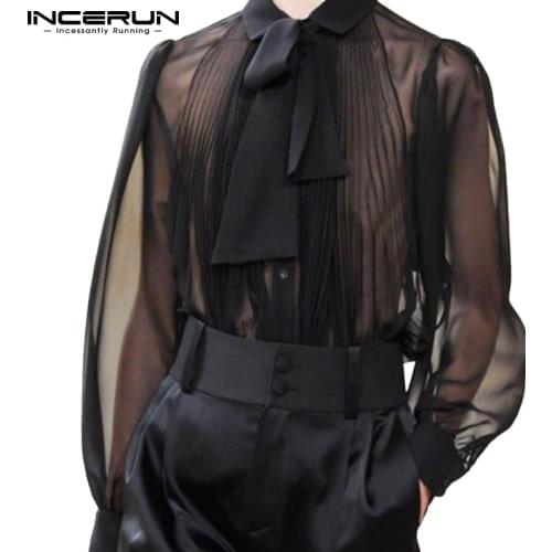 INCERUN Men Shirt Mesh See Through Lapel Long Sleeve Camisas WIth Tie Streetwear 2021 Folds Solid Sexy Party Men Clothing S-5XL