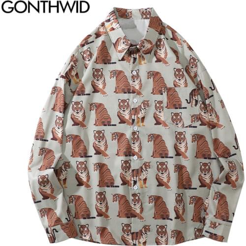 GONTHWID Hip Hop Shirts Cartoon Harajuku Animal Cartoon Tiger Print Streetwear Shirt Mens Fashion Button Blouse Long Sleeve Tops