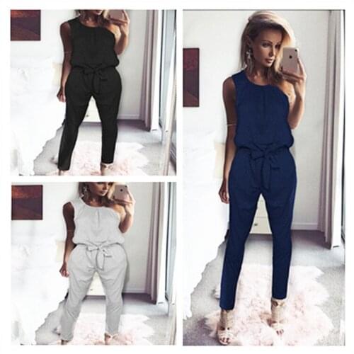S-2XL women sleeveless o neck vest jumpsuit full length casual leisure jumpsuit pure color brand jumpsuit