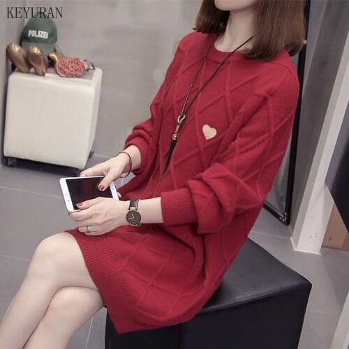 Geometric Pattern Long Sleeve Knitted Sweater Women Knit Jumpers Oversized Knitwear Autumn Black Red Pullovers Sweater Dress