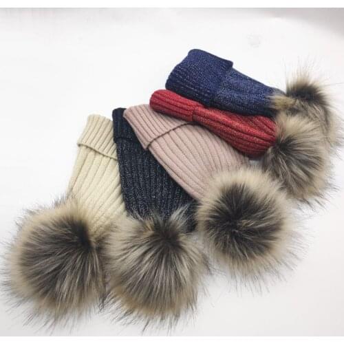 Winter Lady Casual Wool Beanies Curled Striped Knitting Hat Skullies Women Real Fur Pompoms Warm Knitted Cap Gorros