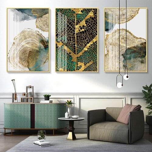 Modern Abstract Gold Green Leaf Trail Annual Ring Poster Canvas Painting Wall Art Prints Picture Living Room Bedroom Home Decor