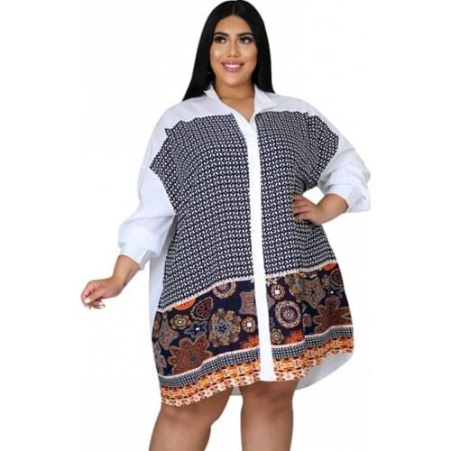 Loose Casual Shirt Dress Women Full Sleeve Stand Collar Geometry Patchwork 2021 New Fashion Vintage 5XL Plus Size Short Dresses