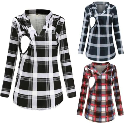 Spring Casual Maternity Blouse V-Neck Plaid Printing Pregnant Shirts with Breastfeeding Long Sleeve Pregnancy Clothing Tops